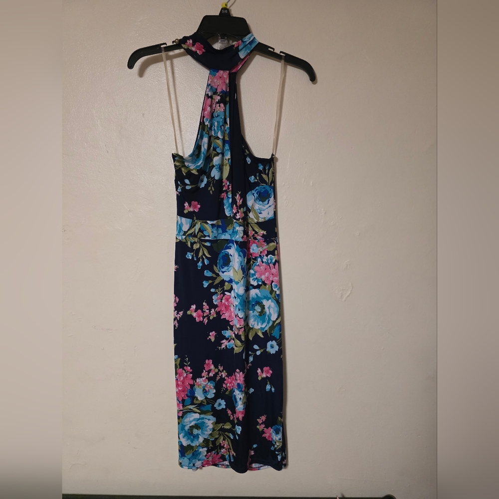 Floral Halter Neck Dress - Blue and Pink